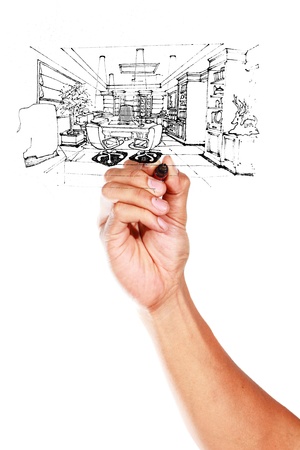 Graphical sketch by pen of an interior living room on whiteboard の写真素材