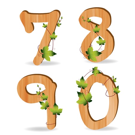 Wood alphabet number with branch green leaves, Vector template design のイラスト素材