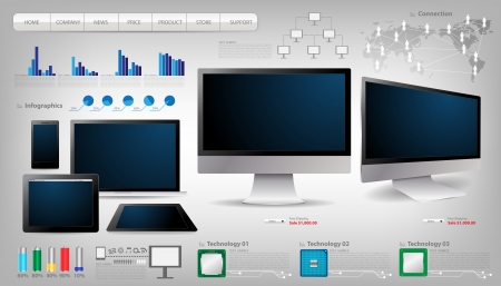 Realistic laptop, tablet computer, monitor and mobile phone template With infographics set and Information technology Graphics のイラスト素材