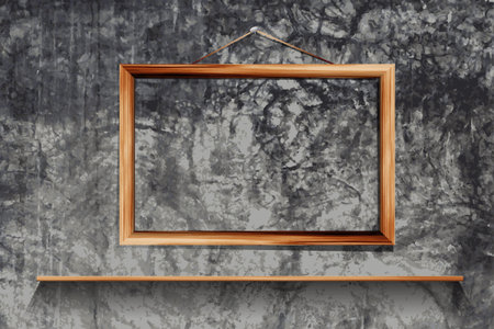 Wood shelf With photo frame on old brick wall, vector illustration 