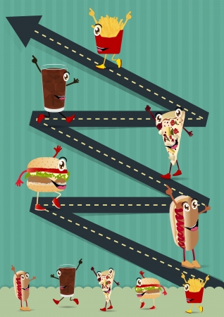 Creative Template with fast food funny cartoon character concept  Road going up as an arrow, vector illustration design のイラスト素材