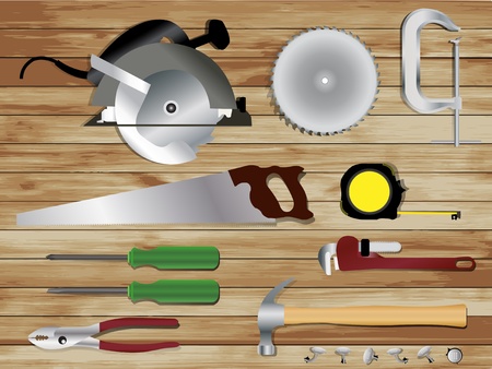 Carpentry tools on wooden texture background, Vector template designのイラスト素材