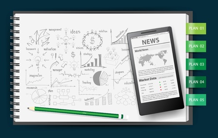 Notebook paper, With drawing business strategy plan concept idea, Mobile phone news  template on screen, Vector illustrationのイラスト素材