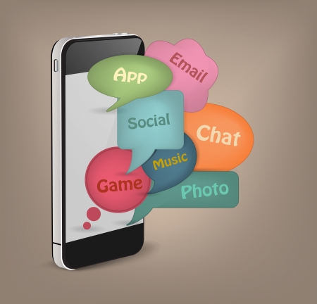 Mobile phone social media on retro style speech bubbles, Vector illustration template designのイラスト素材