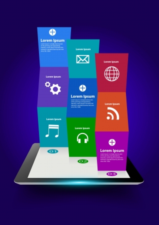 tablet computer with creative folded paper modern template design, With cloud of colorful application icons illustrationのイラスト素材