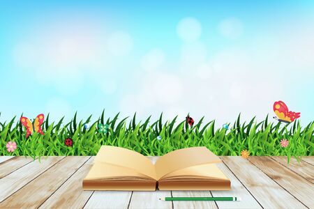 Fresh spring green grass with blue sky bokeh and open book and wood floor. Beauty natural background, Vector illustration template designのイラスト素材