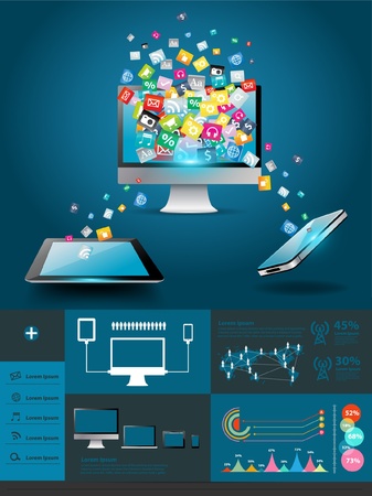 Computer with mobile phones colorful application のイラスト素材