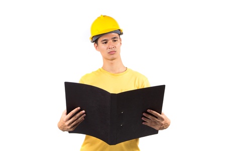 Young foreman with hard hat, isolated on white backgroundの写真素材
