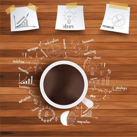 Vector coffee cup and business strategy on wooden tableのイラスト素材