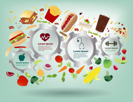 Creative gear info graphic elements, Healthy food concept idea fruits and vegetables with fast food, Modern design template workflow layout, diagram, step up options, Vector illustrationのイラスト素材