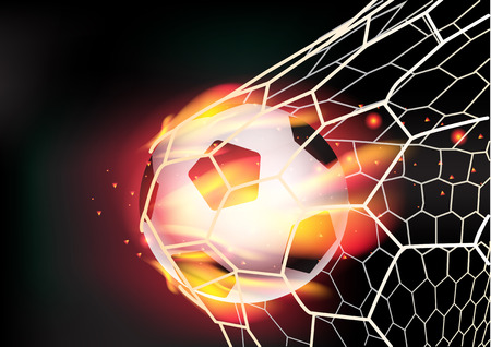 Soccer ball in goal net on fire flames, Vector illustration modern design templateのイラスト素材