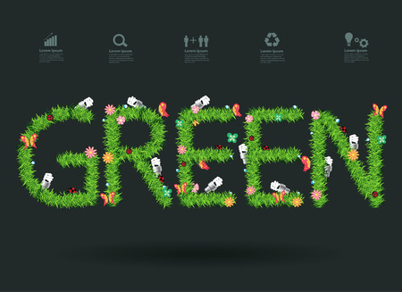 Ecology think green idea concept with green grass alphabet letters design, Vector illustration modern design templateのイラスト素材
