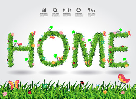 Home eco concept with green grass alphabet letters design, Vector illustration modern design templateのイラスト素材