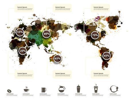World Map of coffee ink splatter, With coffee icons abstract infographic workflow layout, diagram, step up options, Vector illustration template designのイラスト素材