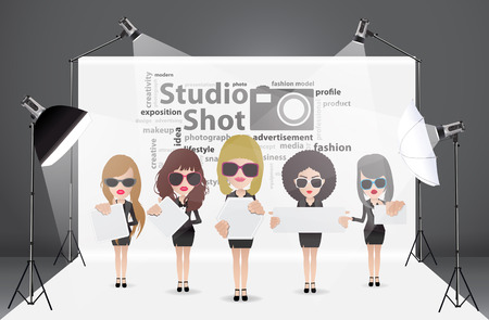 Woman posing fashion in photography studio with a light set up and white backdrop, with creative word cloud idea concept, Vector illustration modern template designのイラスト素材
