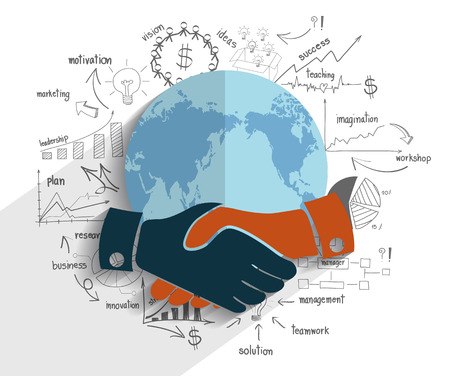 Creative drawing chart and graphs business plan idea on globe, Handshake business finance world concept modern design template workflow layout, diagram, step up options, Vector illustrationのイラスト素材