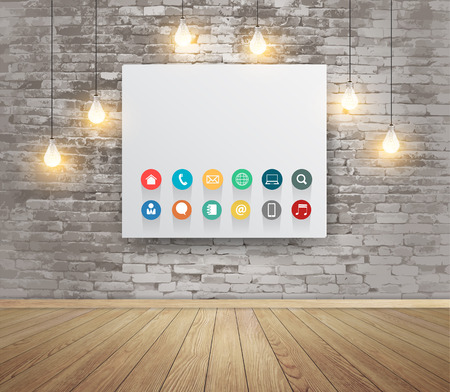 Mock up poster with lamps, Modern workspace with technology business flat icons, Vector illustration modern template designのイラスト素材