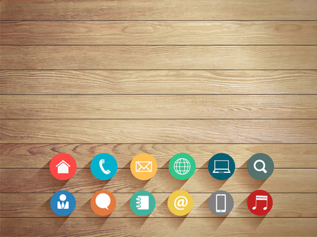 Vector wood plank background with modern business flat iconsのイラスト素材