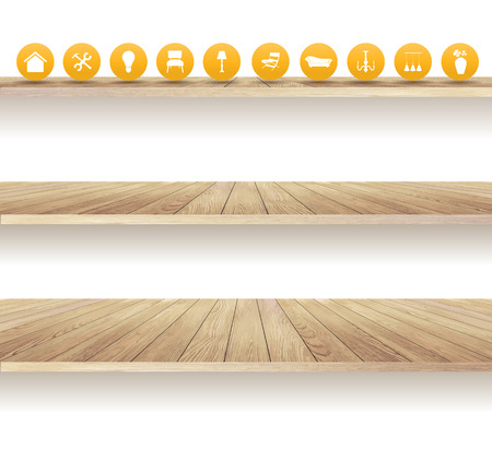 Wooden shelves isolated on white background, With furniture flat icons, Vector illustration modern template designのイラスト素材