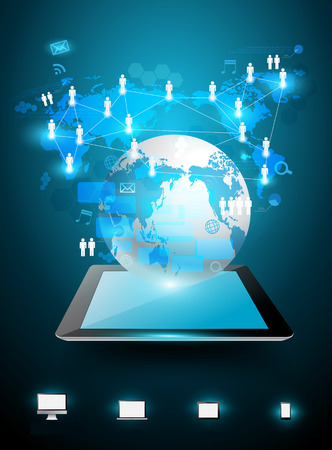 Technology business ideas concept, Creative network tablet computer with world map information process diagram, Vector illustration modern template designのイラスト素材