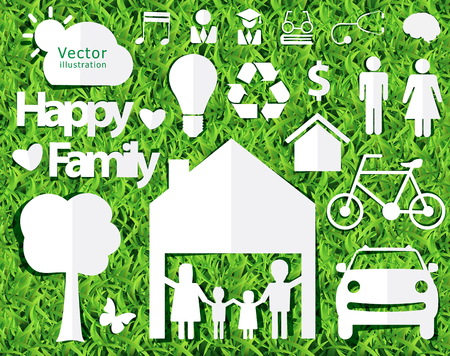 happy family ideas concept with creative design paper cut on green grass texture background, Vector illustration decorative layout templateのイラスト素材
