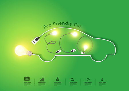 Eco friendly car with creative light bulb ideas concept, Vector illustration modern design templateのイラスト素材