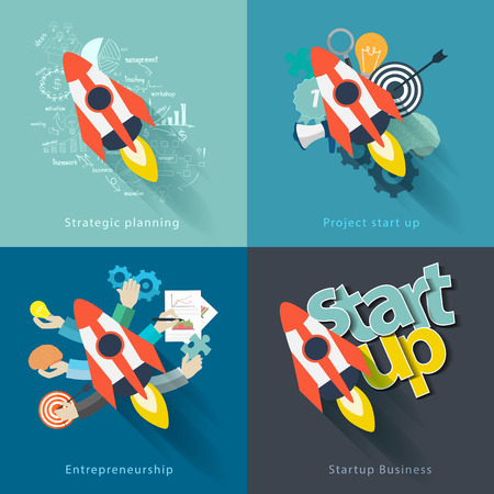 Flat concept background with rocket project start up, Analysis and planning, consulting, team work, project management, research and development, illustration modern layout template designのイラスト素材