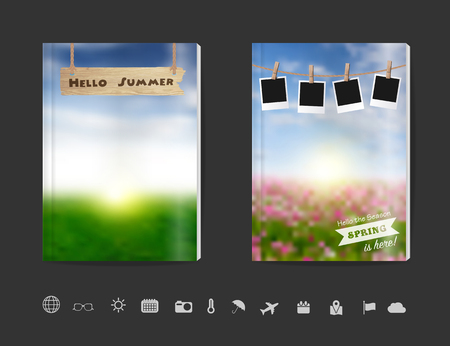 Blank book cover design, magazine page cover, booklet cover, notebook paper cover, With blurred nature sky grass field background, Spring flower field and blue sky, Vector illustration layout designのイラスト素材