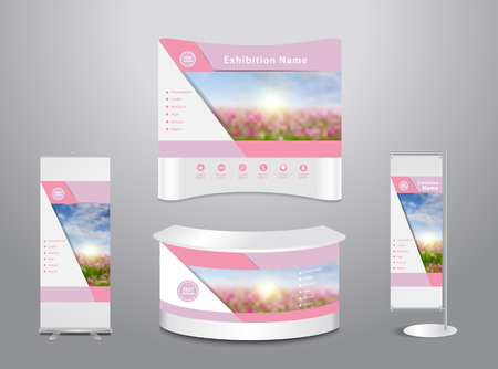 Set of trade exhibition stand with cover presentation abstract geometric background, With Spring flower field and blue sky background, illustration modern design layout templateのイラスト素材