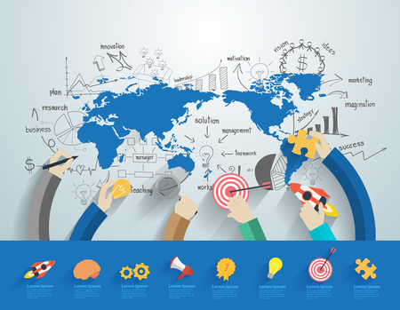 Business people working office corporate team concept, With creative drawing charts and graphs business success strategy plan ideas on world map, Vector illustration modern layout template designのイラスト素材