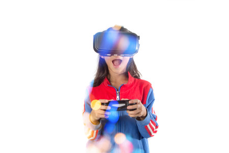 little girl holding joystick with glasses of virtual reality. Future technology Double exposure...