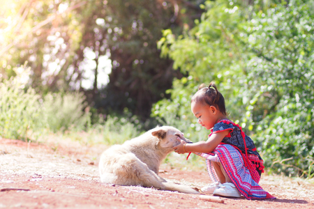 Child and dog in the gardenの写真素材