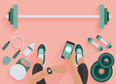 Fitness woman hand with wearing watchband touchscreen smartwatch with holding mobile phone, View from above studio shot on wooden floor backgroundのイラスト素材