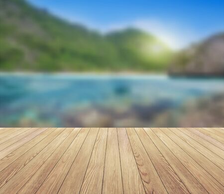 Summer background, Island blue sky with clouds and wood planks floorのイラスト素材