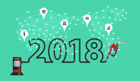 2018 new year with gasoline pump nozzle creative design, Fuel pump icon, Petrol station sign, Power energy oil and gas concept, Vector illustration modern layout templateのイラスト素材