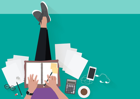 Woman sitting on the floor and working. Flat illustration top view of relaxing at home. Vector illustrationのイラスト素材