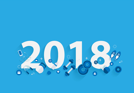 2018 new year fitness concept workout with equipment. Vector illustration modern layout template flat design のイラスト素材