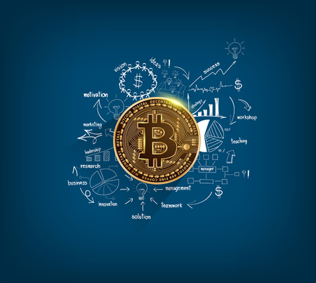 Bitcoin digital currency golden coin on creative thinking drawing charts and graphs business success strategy plan ideas, Inspiration concept modern template layout, diagram, Vector illustrationのイラスト素材