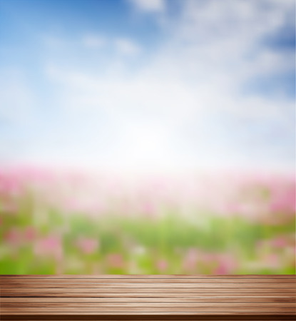 Vector wood shelf table with blurred cosmos flower in a field on clouds blue sky background. product display template designのイラスト素材