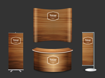 Blank trade show booth exhibition stand design mock up. Front view with wood texture background, Vector illustration layout template display for design workのイラスト素材
