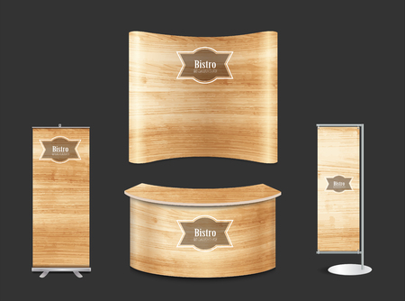 Blank trade show booth exhibition stand design mock up. Front view with wood texture background, Vector illustration layout template display for design workのイラスト素材