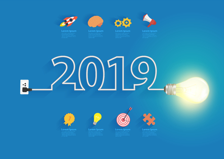 Creative light bulb idea with 2019 new year design, Inspiration business plan, marketing strategy, teamwork, brainstorm ideas concept, Vector illustration modern design layout templateのイラスト素材