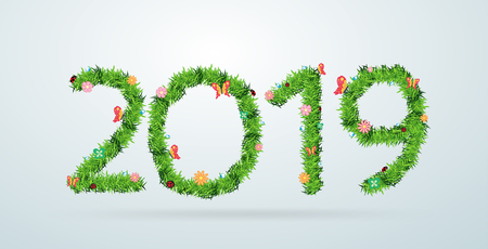 Green grass 2019 new year calendar cover, typography Vector illustration creative design ideas environmental eco numbers symbol concept,のイラスト素材