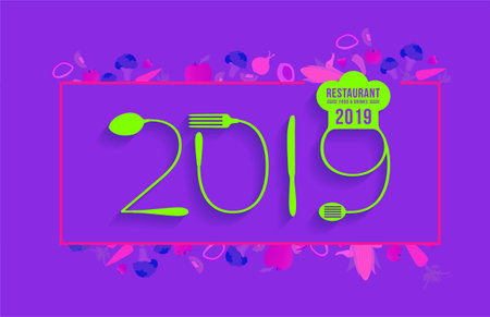 2019 new year text made number with spoon and fork creative food design, with vegetables background, Vector illustration modern layout templateのイラスト素材