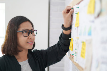 Female business woman or teacher sticky chart and graph on board