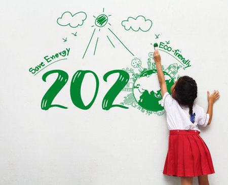 Little girl holding a paint brush painting creative environmental and eco-friendly, Save energy
