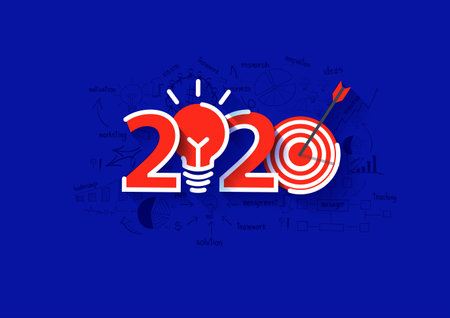 2020 new year light bulb idea and target market design, With creative thinking drawing charts and...