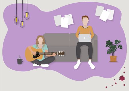 Young man work with a laptop sitting on Sofa and young women relaxing playing the guitar on floor at home. Freelance the remote work at home Work wherever you want with pleasure. Flat vector illustrator.のイラスト素材