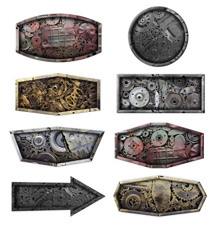 Metal sign cogs and gears background, isolated on whiteの写真素材