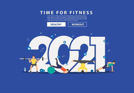 2021 new year fitness ideas concept man workout gym equipment with flat big letters. Vector illustration modern layout template designのイラスト素材